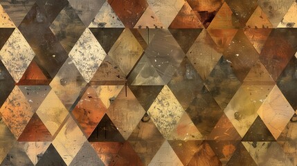 Poster - A seamless pattern of overlapping triangles in shades of brown, yellow, and black. The triangles create a diamond shape and have a distressed or textured look.