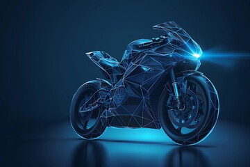 Polygonal wireframe mesh futuristic motorcycle concept sign on dark background.