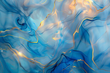 Ethereal fluid art with golden swirls in blue, luxury abstract