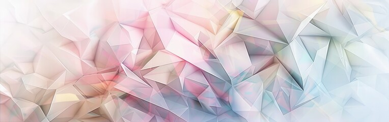 Poster - The image showcases a close-up view of an abstract geometric pattern made up of numerous overlapping triangles. The colors are predominantly soft pastel shades, including pink, white, and blue, with h