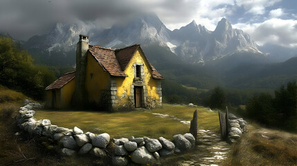 Sticker - Stone Cottage in Mountain Landscape Illustration