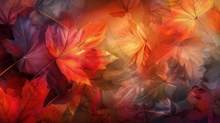 Poster - The image features a close-up of maple leaves in various shades of red and orange. The leaves are arranged in a random pattern, creating a beautiful and organic design. Some leaves are layered on top 