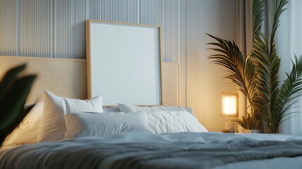 Poster - Closeup Minimalist Mockup Frame on Bed in Luxurious Bedroom