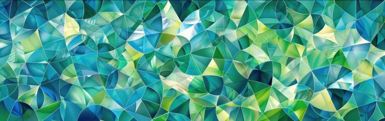 Poster - A colorful geometric background with a mosaic of blue and green shapes. The shapes are abstract and appear to be overlapping and interweaving. The light reflects off the shapes, creating a sense of de