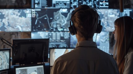 Poster - monitoring operations in a high-tech control room during a nightly briefing session