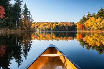 Canvas Print - Tranquil Autumn Lake Reflection with Colorful Trees and Canoe