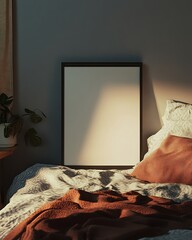 Poster - Closeup Minimalist Mockup Frame on Bed in Cozy Bedroom