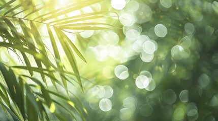 Poster - A close-up of palm leaves backlit by the sun, creating a beautiful bokeh effect. The leaves are green and vibrant, and the sunlight shines through them, creating a warm and inviting atmosphere.