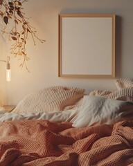 Poster - Closeup Minimalist Mockup Frame on Bed in Cozy Bedroom