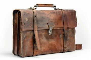 Briefcase. Vintage Leather Bag in Brown on White Background