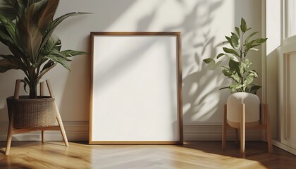 Poster - Closeup Minimalist Mockup Frame on Floor in Vintage Living Room