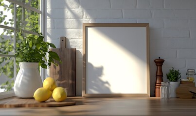 Poster - Closeup Minimalist Mockup Frame on Table in Rustic Kitchen
