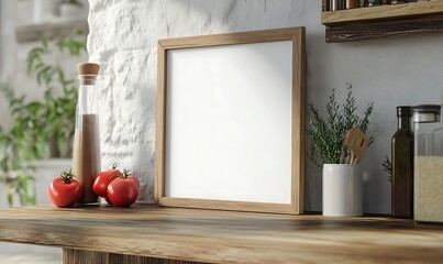 Poster - Closeup Minimalist Mockup Frame on Table in Rustic Kitchen