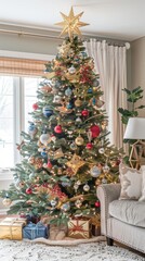 Poster - A large Christmas tree decorated with red, blue, and gold ornaments, a gold star topper, and white lights stands in a living room near a window and a couch. The tree is decorated with a variety of orn