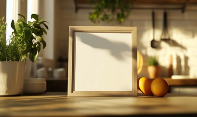 Poster - Closeup Minimalist Mockup Frame on Table in Rustic Kitchen