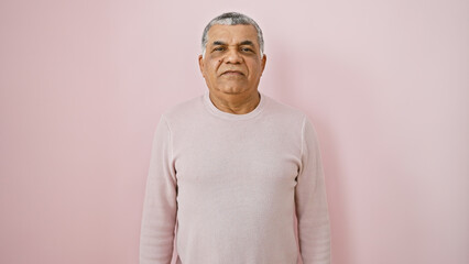 Mature man in casual attire stands against a pink wall, exuding calm and handsome confidence.