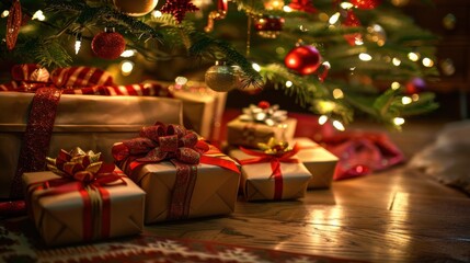 Aufkleber - Several gifts wrapped in brown paper with red ribbon are placed under a decorated Christmas tree with warm white lights and red ornaments.