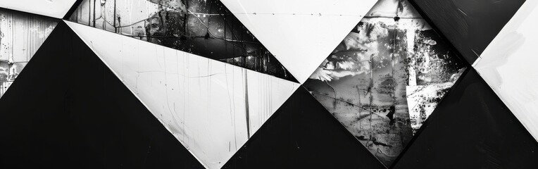 Leinwandbilder - A close-up image of a wall with a geometric design, featuring large black and white triangular panels. The panels are textured with an abstract pattern reminiscent of brushstrokes or weathering. The i