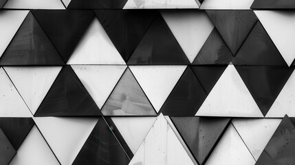 Leinwandbilder - A close-up of a wall constructed of black and white triangular panels, creating a geometric pattern. The panels are smooth and reflective, capturing the light and creating subtle shadows. The composit