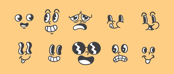 Wall Mural - Set of Unique Cartoon Face Expressions with Different Emotions - Vector Illustration of Funny and Sad Faces with Sunglasses, Googly Eyes, and Various Mouths - Perfect for Emojis, Stickers, etc