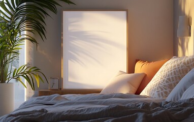 Poster - Closeup Minimalist Mockup Frame on Bed in Minimalist Bedroom