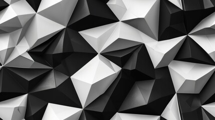 Poster - A close-up image of a geometric wall pattern with black and white triangular shapes. The light and shadow interplay create depth and texture within the repeating pattern.