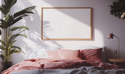 Poster - Closeup Minimalist Mockup Frame on Bed in Minimalist Bedroom