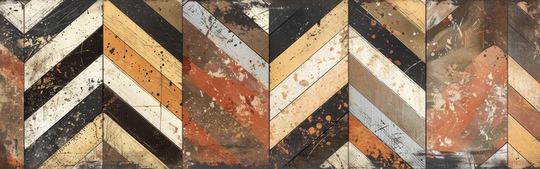 Aufkleber - A close-up of a chevron patterned wood floor with a distressed finish. The floor is made of various shades of brown, black, and white wood planks. The planks are arranged in a chevron pattern, creatin