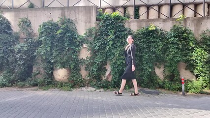 Wall Mural - Woman walking in the city wearing elegant black dress