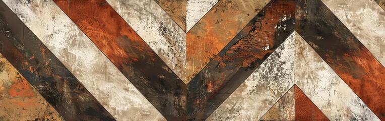 Aufkleber - A close-up image of a rustic wood pattern featuring alternating chevron shapes in brown, white, and orange tones. The wood has a weathered and distressed look with subtle variations in color and textu