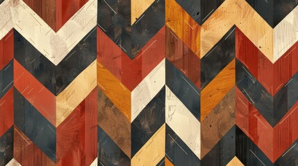 Poster - A repeating geometric pattern of chevron shapes, each crafted from wood in different colors and grains. The design is abstract and modern, showcasing the natural beauty of wood.