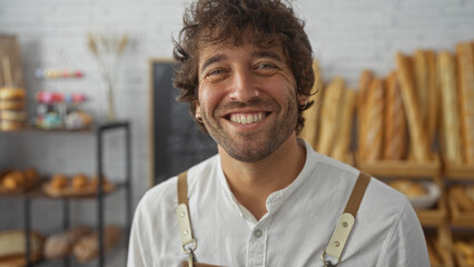 Canvas Print - Young man smiling indoors at a bakery, standing in front of shelves filled with various breads and pastries, wearing an apron and looking content.