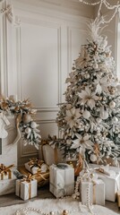 Aufkleber - A large Christmas tree decorated with white poinsettia flowers and gold ornaments sits in a white room with ornate wainscoting. A white, fluffy rug covers the floor beneath the tree, and a variety of 