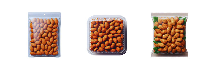 Set of pack of Almonds in transparent Packaging, isolated over on transparent white background