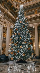 Aufkleber - A large, fully decorated Christmas tree stands in the grand lobby of a hotel. The tree is adorned with silver and gold ornaments, as well as white lights. The ornate ceiling and pillars of the lobby a