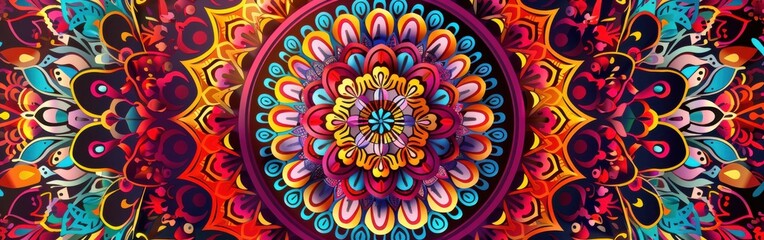 Poster - A close-up of a colorful mandala pattern. The mandala features vibrant hues of red, yellow, orange, blue, and green, arranged in a circular pattern with intricate detail. The design is reminiscent of 