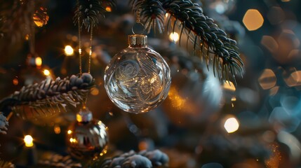Aufkleber - A clear glass ornament hangs from a branch on a Christmas tree. The ornament reflects the twinkling lights of the tree, creating a sparkling effect. The pine needles and other ornaments blur in the ba