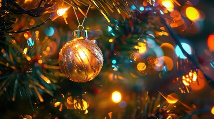 Aufkleber - A gold Christmas ornament with a sparkling texture hangs on a Christmas tree. The ornament is illuminated by string lights, creating a warm glow. Other ornaments and string lights are blurred in the b