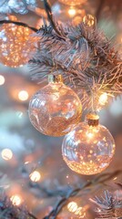 Aufkleber - Two clear, glitter-covered Christmas ornaments hang from a decorated Christmas tree, illuminated by twinkling lights.