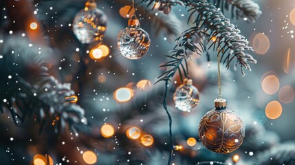 Aufkleber - A shiny gold Christmas ornament hangs from a pine branch, with snow softly falling around it. Other ornaments and string lights can be seen in the background, creating a warm and festive atmosphere.