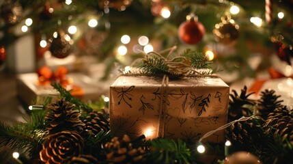 Aufkleber - A single wrapped gift, decorated with a sprig of evergreen and twine, sits among pine cones under a Christmas tree. Warm, white lights are strung around the branches of the tree and a few of the light