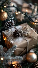 Aufkleber - A wrapped gift sits under a Christmas tree, adorned with pine cones and a string of fairy lights. The gift is wrapped in brown paper and tied with twine, with a small pine cone on top.