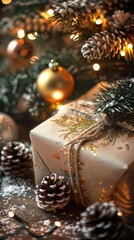 Aufkleber - A gift wrapped in cream paper with gold glitter and tied with twine sits under a decorated Christmas tree. The tree is adorned with twinkling lights and pine cones dusted with snow. The warm glow of t