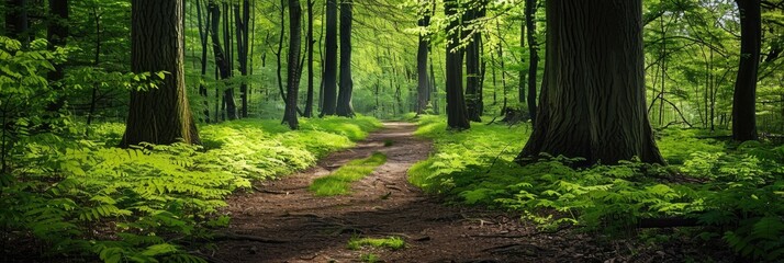 Sticker - Scenic forest path amidst towering trees adorned with lush green foliage in a serene spring woodland setting Enchanting spring scenery in a tranquil forest