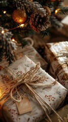 Aufkleber - Several Christmas gifts wrapped in patterned paper are neatly placed under a Christmas tree with ornaments and pine cones. The presents are tied with twine and have a rustic, natural aesthetic. Warm l