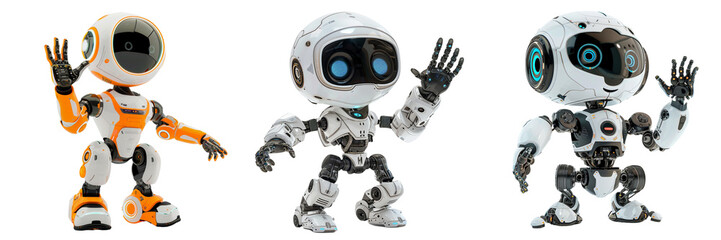 Set of cute robotic toy with articulated arms, joyfully greeting a person with a raised hand gesture isolated on transparent background