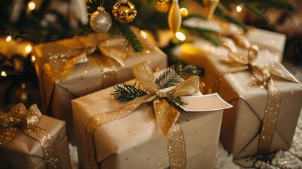 Aufkleber - A close-up shot of several presents wrapped in brown paper with gold ribbon and a sprig of evergreen on top. The gifts are sitting underneath a decorated Christmas tree with lights.
