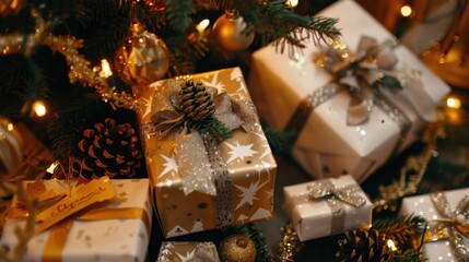 Aufkleber - Close-up of a Christmas tree decorated with lights, ornaments, and pine cones, with a cluster of wrapped gifts underneath. The gifts are wrapped in white and gold paper with bows and ribbon.