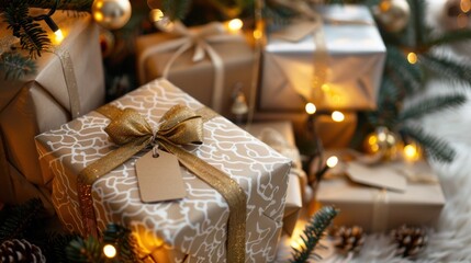 Aufkleber - A close-up view of wrapped Christmas presents sitting underneath a Christmas tree decorated with lights. The presents are wrapped in brown paper with gold ribbon and bows. One gift is a large box with