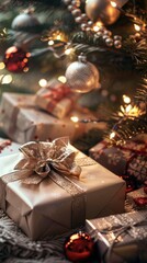 Aufkleber - A close-up shot of a beautifully wrapped gold gift box with a satin bow, sitting under a decorated Christmas tree with twinkling lights and ornaments.